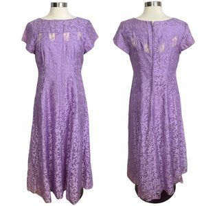 Vtg 1970s Large Lilac Purple Sheer Floral Chiffon Modest Short Sleeve Prom Dress